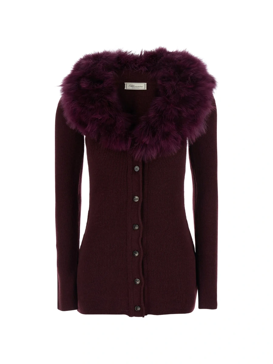 Cardigane Bordeaux Cardigan with V Neck and Removable Fur Collar in Wool for Women - Img 8