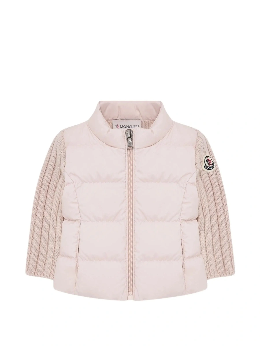 Cardigane pink Cardigan with high collar and logo patch on the sleeve in fabric and wool baby - Img 6