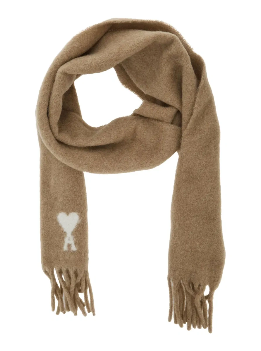 Esarfa Alpaca and wool scarf with AMI de Coeur jacquard beige unisex - Img 2