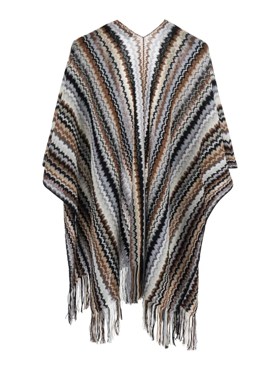 Esarfa Brown wool and viscose long sleeve V-neck poncho for women - Img 2