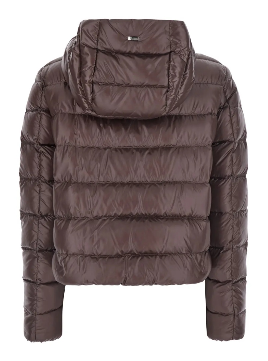 Geaca de Iarna Brown Short Down Jacket with Hood and Metal Plate on the Back in Tech Fabric Woman - Img 2