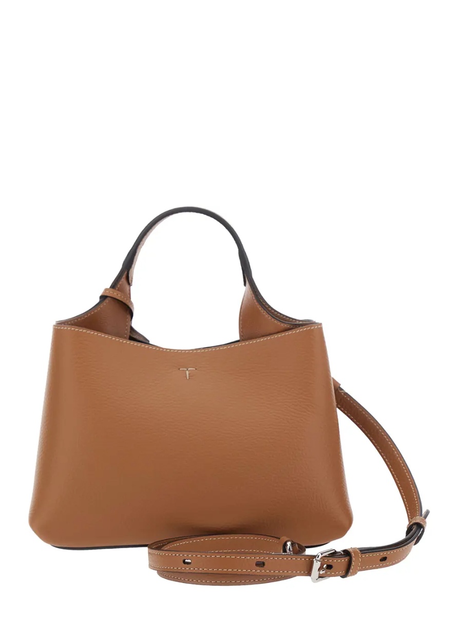 Geanta de mana Brown Handbag with adjustable and removable shoulder strap and T plaque pendant on the front in grained leather for women - Img 2