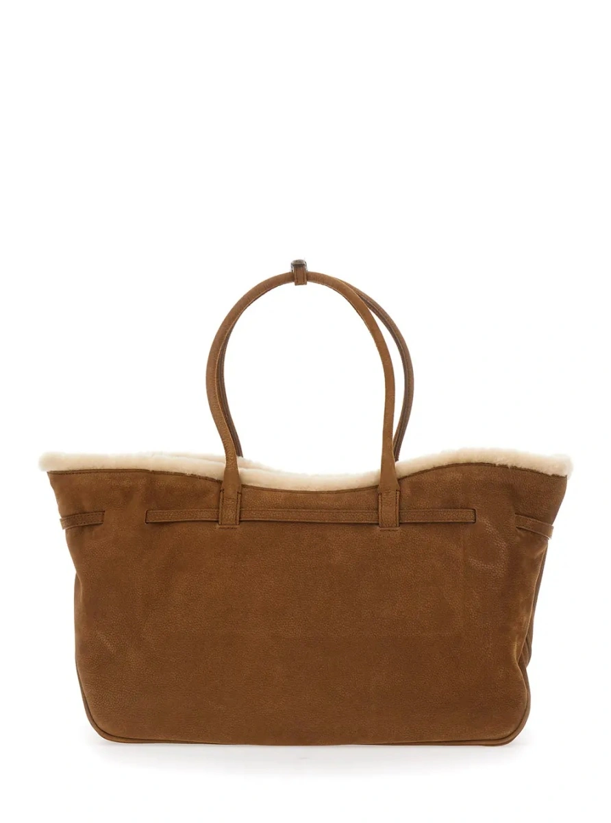 Geanta de umar Beige Shoulder bag with shearling lining and front logo loop in leather for women - Img 2