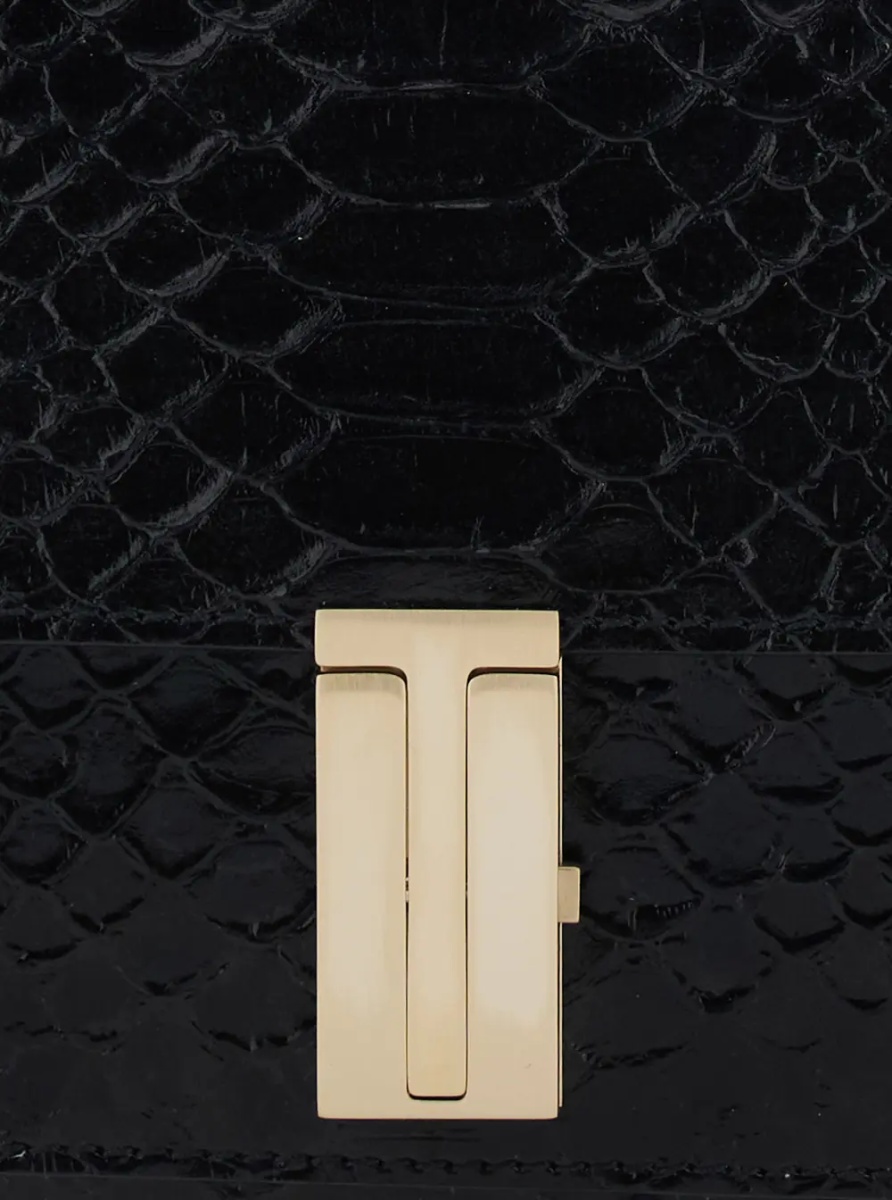 Geanta de umar black Crossbody bag with T closure in glossy snake effect leather for women - Img 3