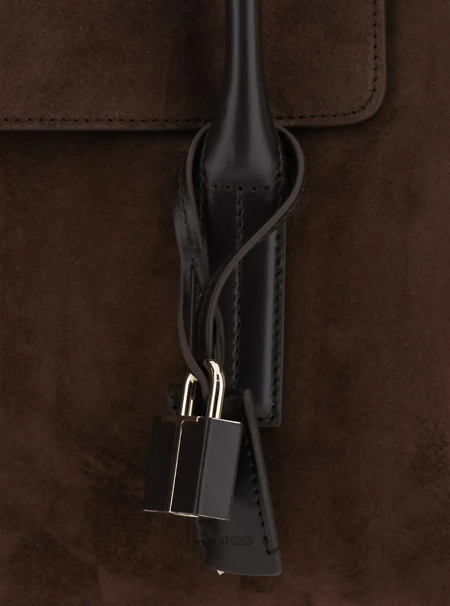 Geanta de umar Brown Large Shoulder Bag with Padlock Details on the Front in Suede Woman - Img 3