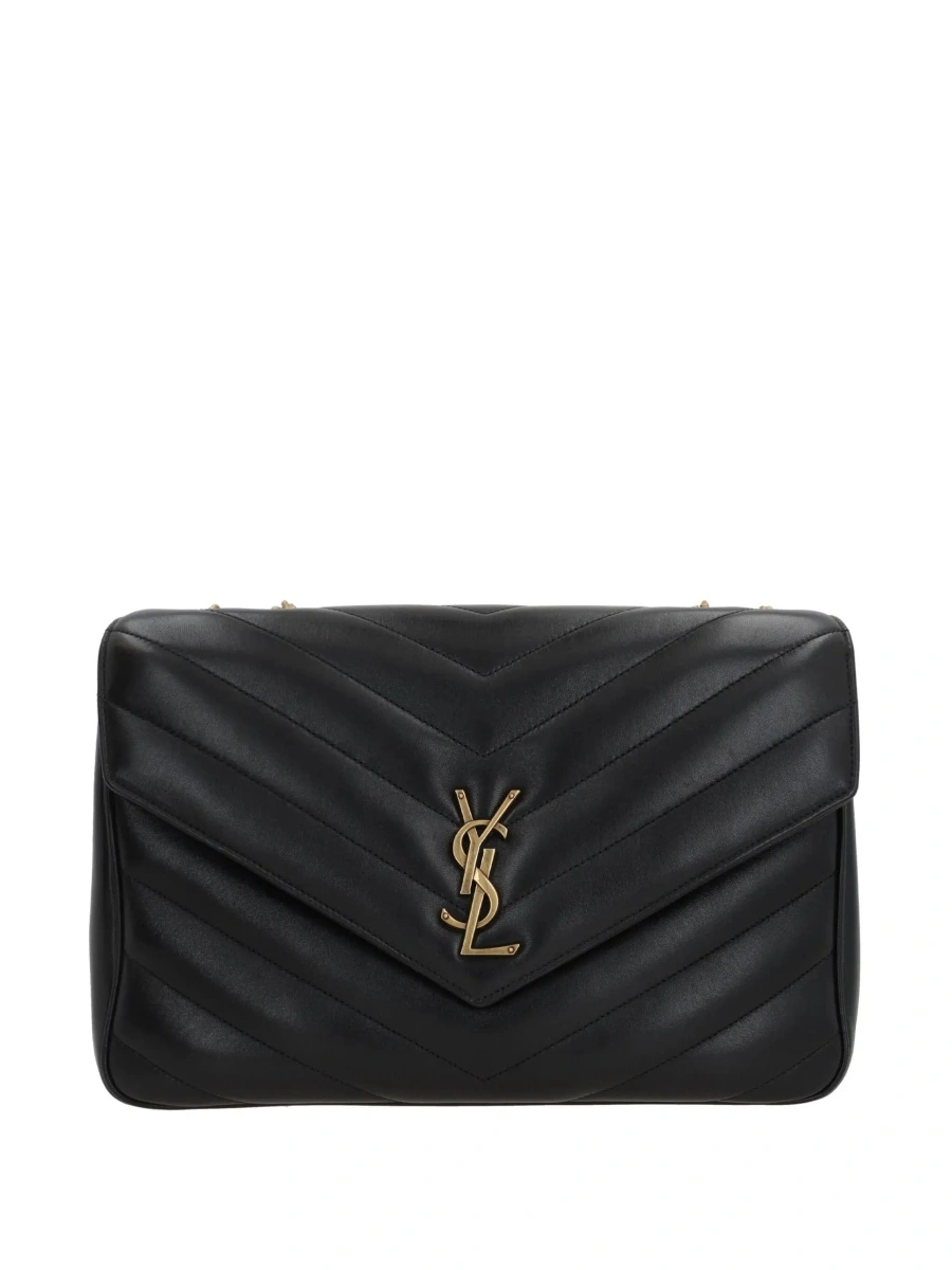 Geanta de umar Crossbody bag 'Loulou' Large with Sliding Chain Strap and Cassandre Plaque on Front in Black Leather for Women - Img 7