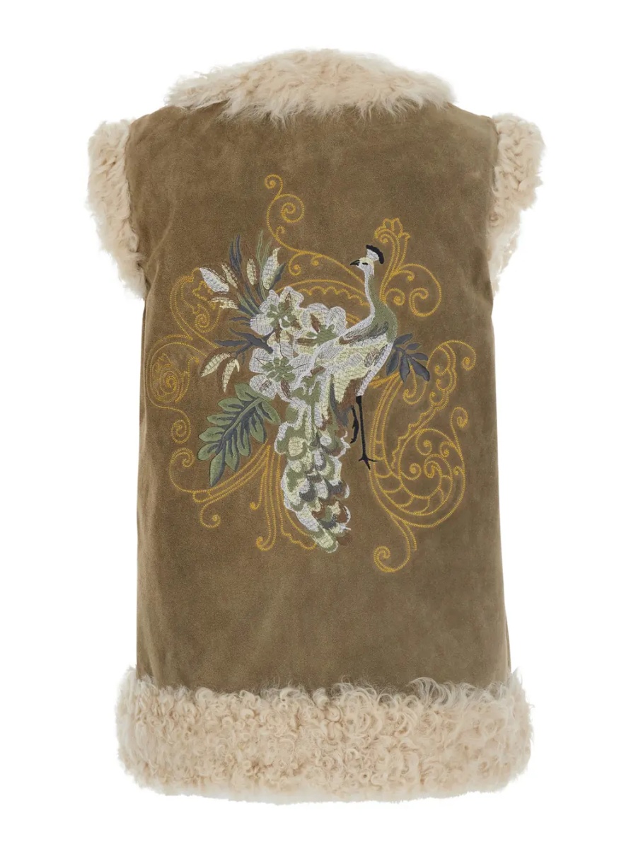 Paltoane beige Shearling coat with maxi embroidery on the back in fur for women - Img 2
