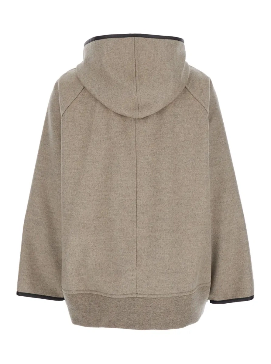 Palton Beige Coat with Hood and Leather Trims in Wool and Cashmere Woman - Img 2
