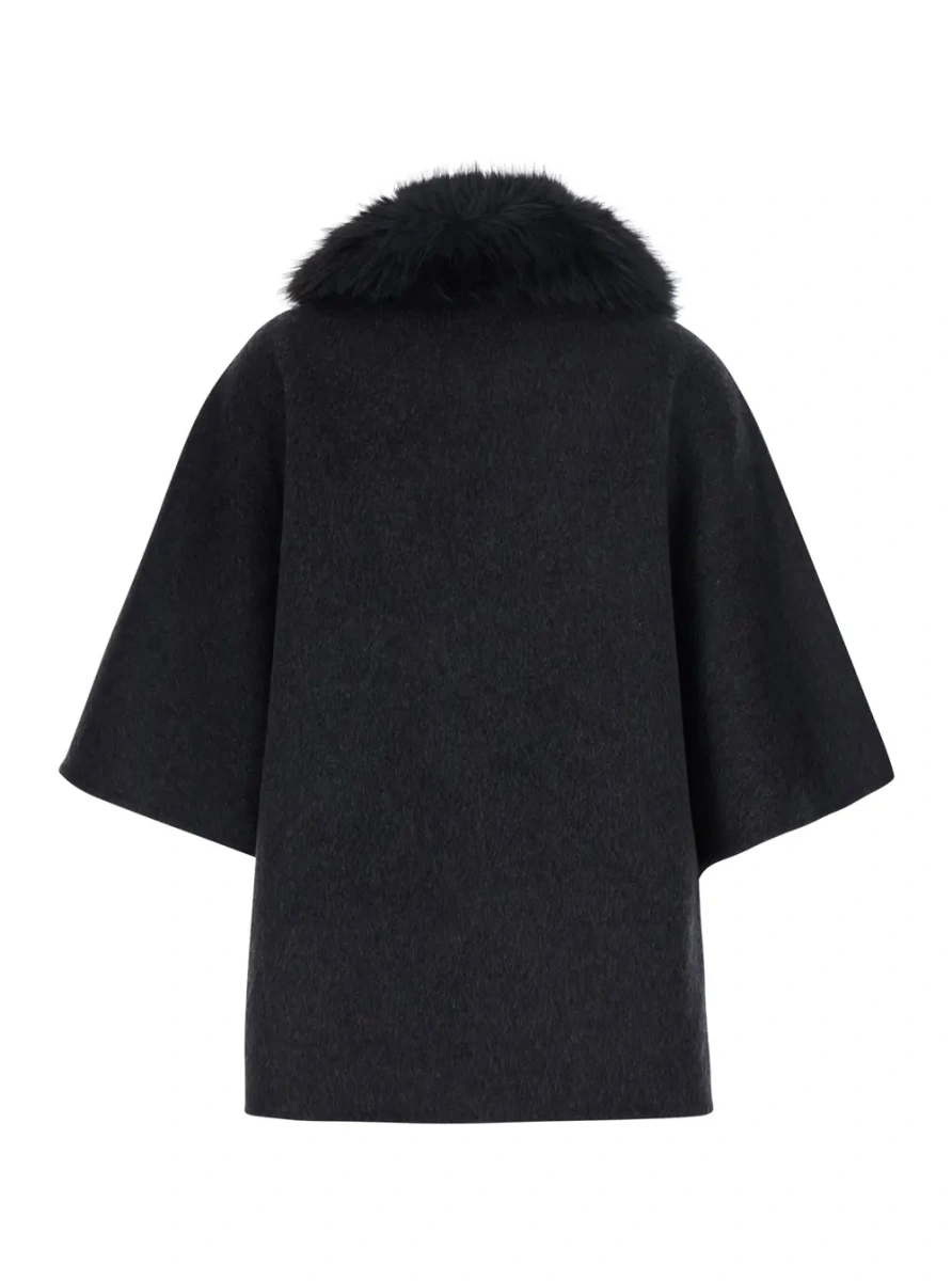 Palton Gray fur coat with removable fur collar and wide short sleeves in eco fur for women - Img 2