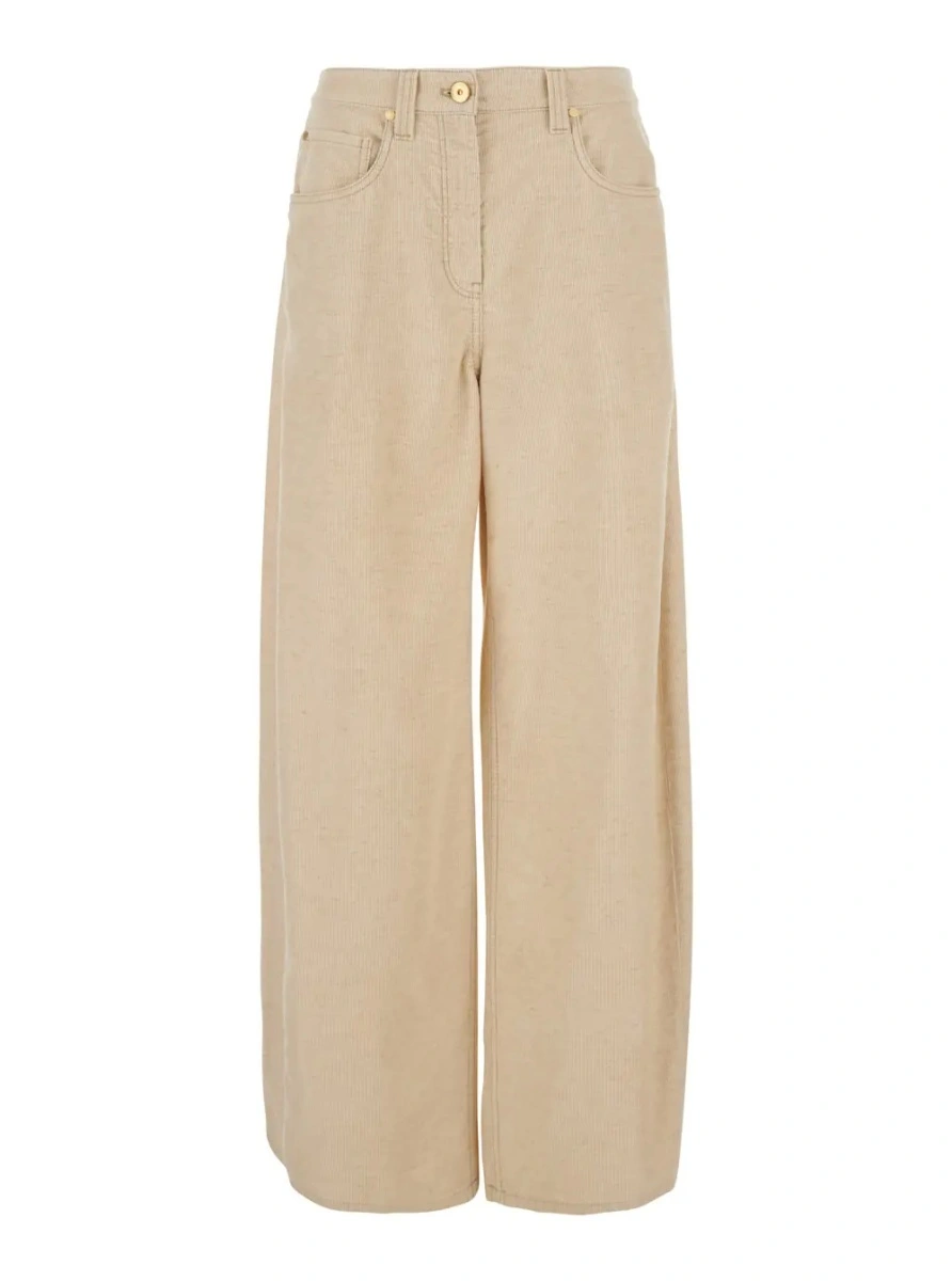 Pantaloni Beige pants with logo patch on the back and ribbed knit in cotton and linen for women - Img 4