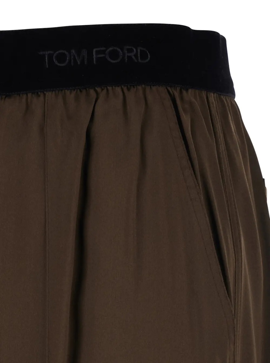 Pantaloni Brown Pants with Elastic Waist and logo lettering in Stretch Silk for Women - Img 3