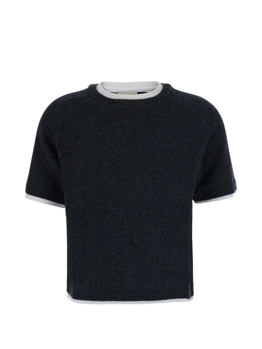Pulover 'Aida' Gray short sweater with contrasting round neck in wool and cashmere for women - Img 6