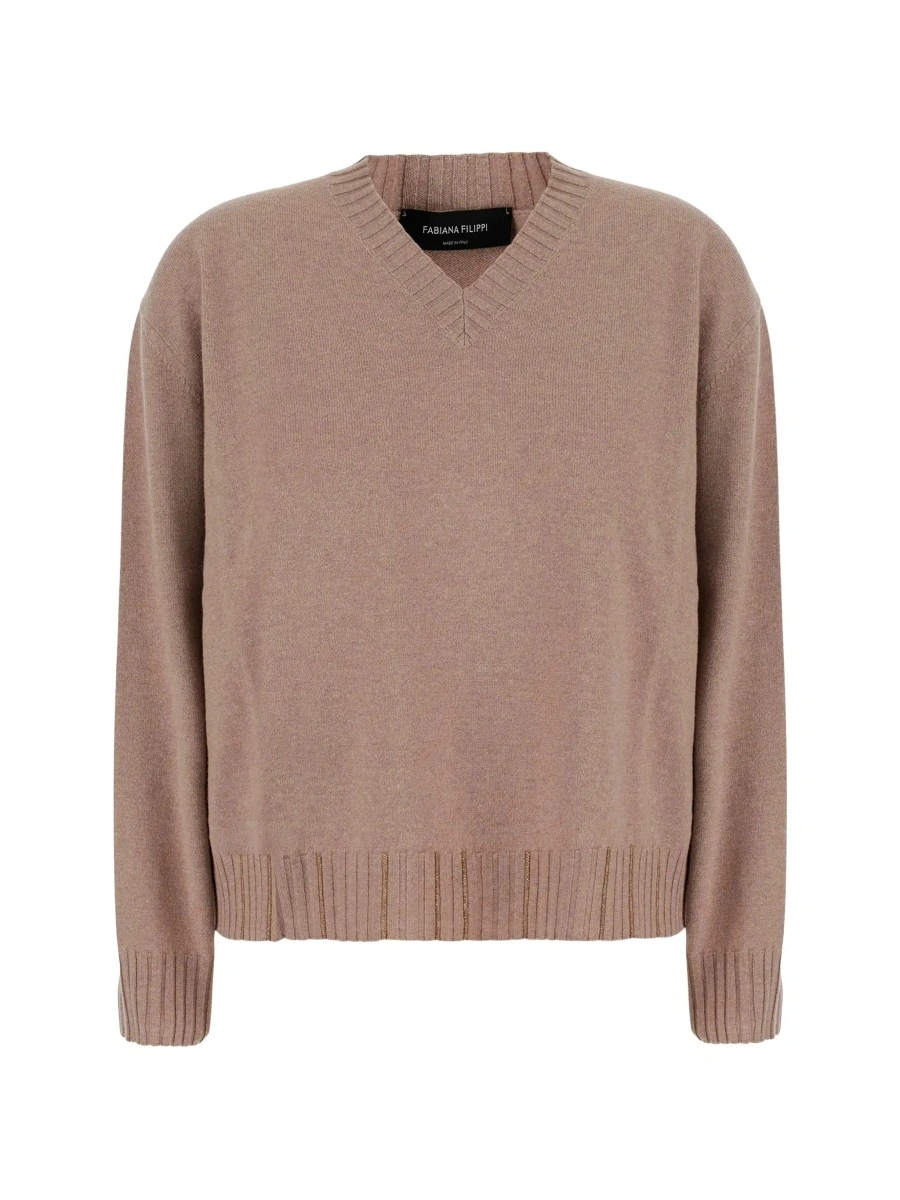 Pulover beige sweater with V-neck and strass details in wool and silk Blend women - Img 6