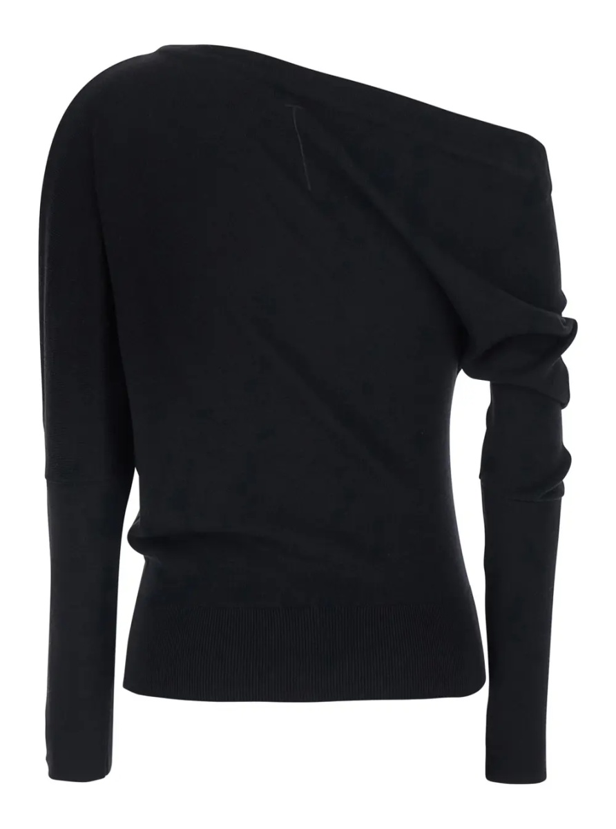 Pulover Black Sweater with off-shoulder design and long sleeves in black wool and silk for women - Img 2