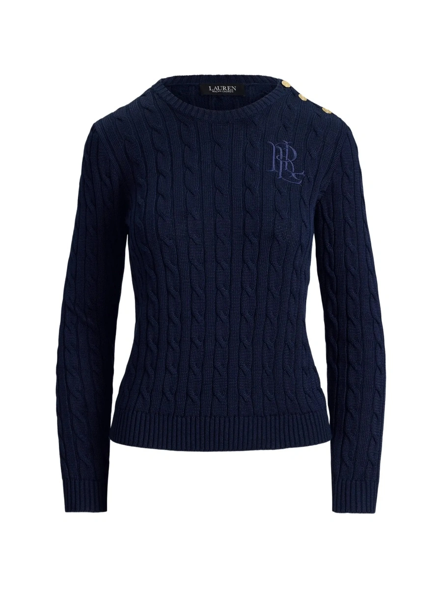 Pulover blue Crewneck sweater with cable knit and logo on the front in cotton Blend women - Img 7
