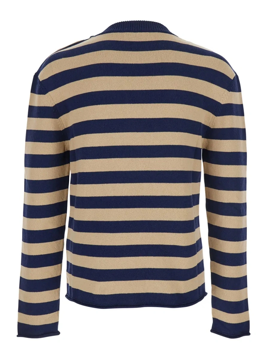 Pulover Blue Crewneck Sweater with Logo Lettering on the Front and All-Over Striped Motif in Wool Woman - Img 2
