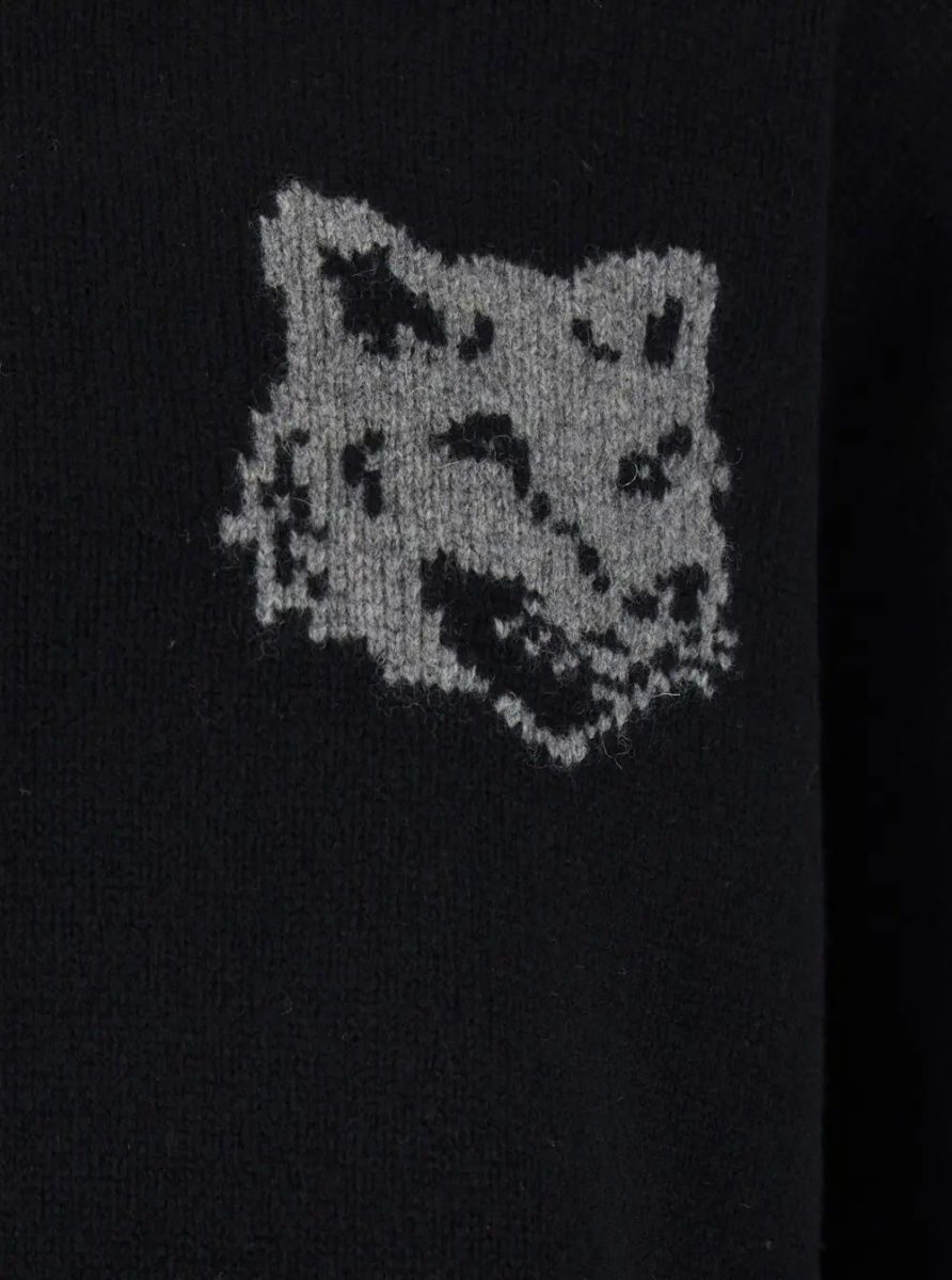 Pulover MAISON KITSUNÉ Black Crewneck Sweater with Dropped Shoulders and Logo Embroidery on the Front in Wool Man - Img 3