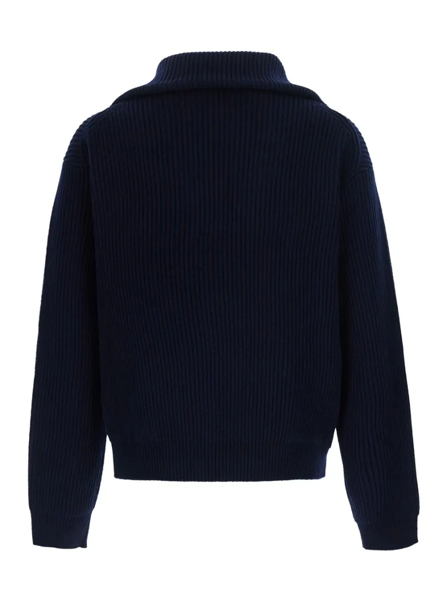Pulover Men's blue wool and cashmere sweater with ribbed knit and embossed logo pendant - Img 2