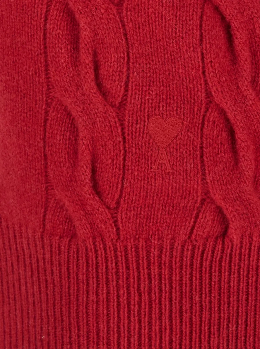 Pulover Red Crew-neck sweater with cable-knit and tone-on-tone ADC embroidery on the front in wool for women - Img 3