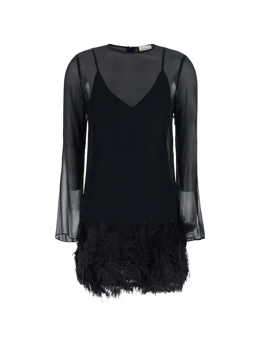Rochii black Dress with feathers applied on the edges in fabric for women - Img 6