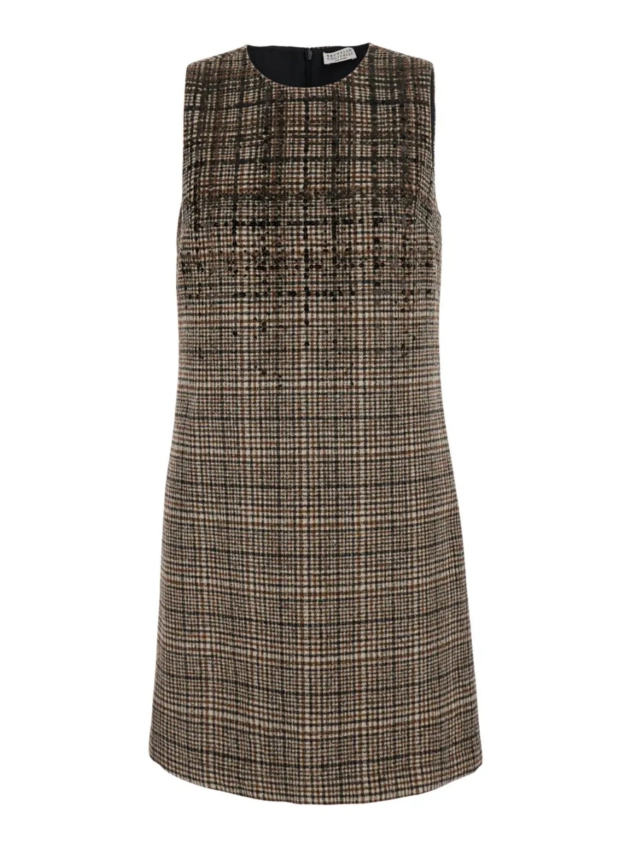 Rochii Brown Sleeveless dress with round neckline and all-over check motif in wool blend for women - Img 3