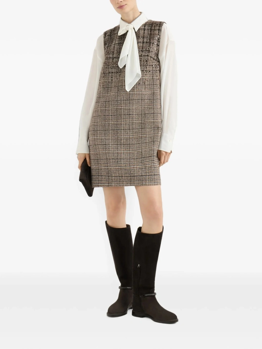 Rochii Brown Sleeveless dress with round neckline and all-over check motif in wool blend for women - Img 4