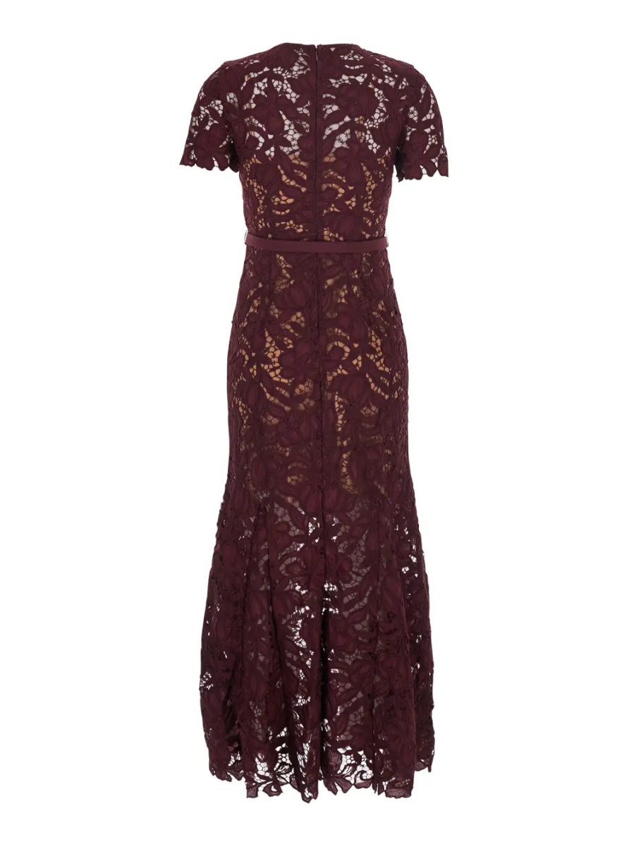 Rochii burgundy Long dress with lace details and round neckline in fabric for women - Img 2