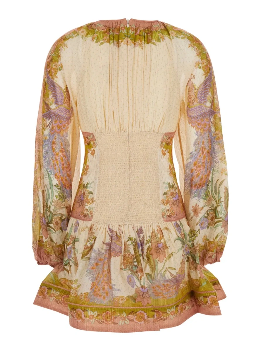 Rochii 'Indra' Multicolor Crew Neck Mini Dress with Balloon Sleeves and All-Over Motif in Cotton Blend for Women - Img 2