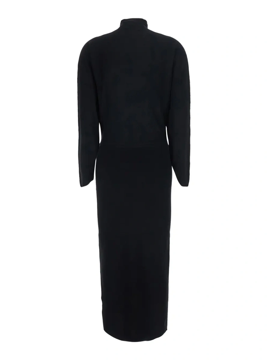Rochii Midi knit dress with V-neck and long sleeves in black Tech Fabric for women - Img 2