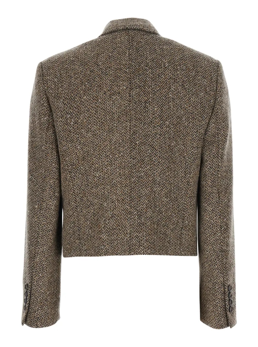 Sacou beige crop Jacket with peak revers in virgin wool blend for women - Img 2
