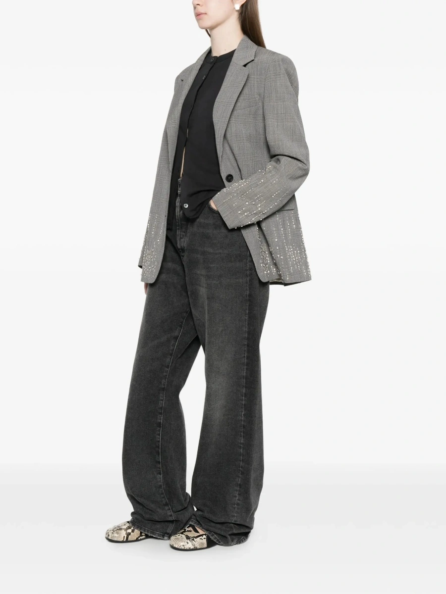 Sacou Grey Single-breasted jacket with notched revers and check motif all-over in virgin wool for women - Img 4