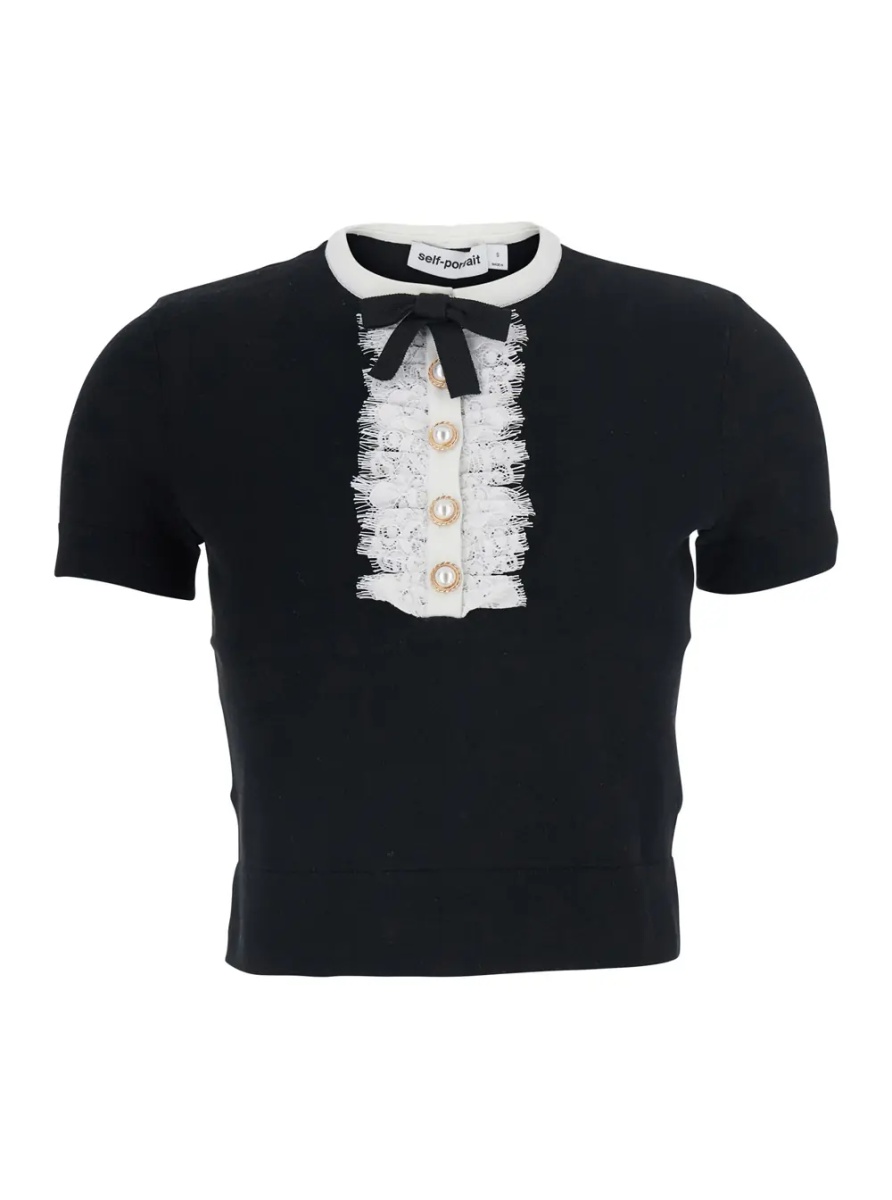 Topuri black Top with collar with lace details in wool for women - Img 4
