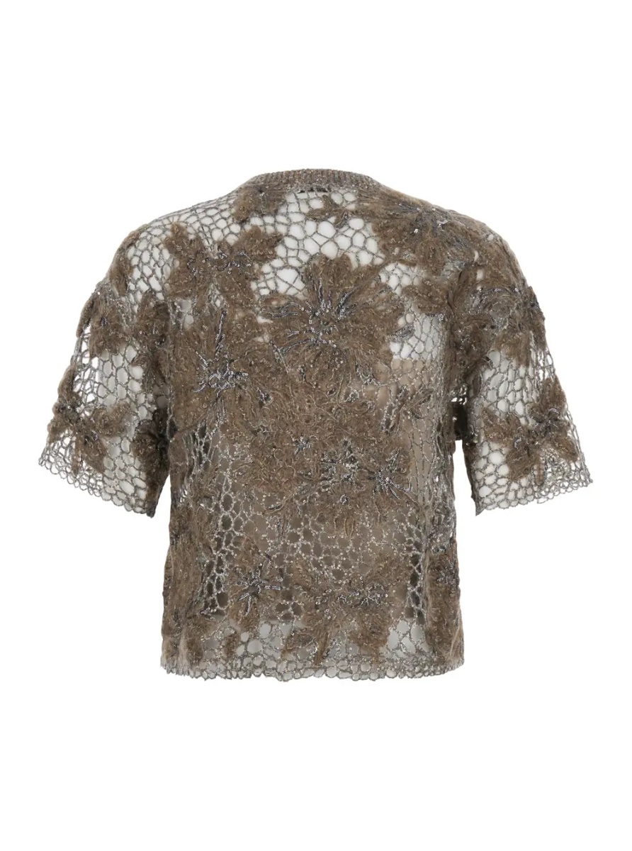 Tricou Beige Crew Neck T-Shirt with Deconstructed Shoulders in Wool Blend for Women - Img 2