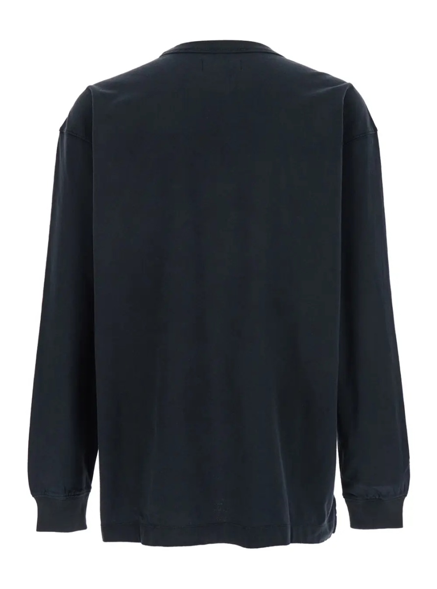 Tricou Black Crewneck T-Shirt with Long Sleeves and Tonal Logo Lettering Embroidery on the Front in Cotton Man - Img 2