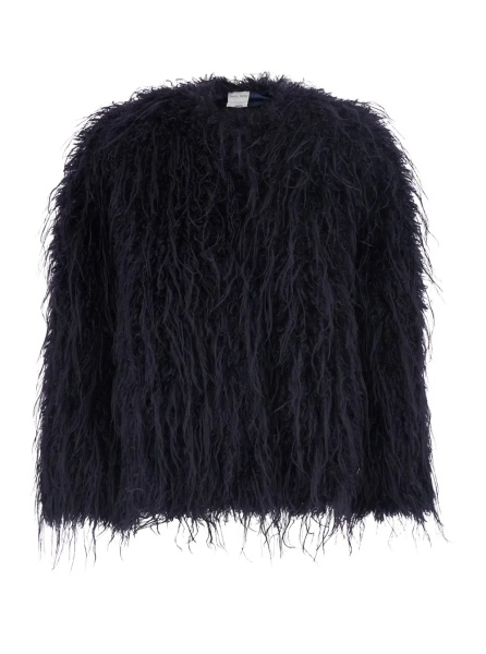 Blanuri Black crew neck shearling jacket with hidden front closure in ecofur for women
