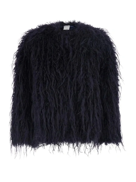 Blanuri Black crew neck shearling jacket with hidden front closure in ecofur for women