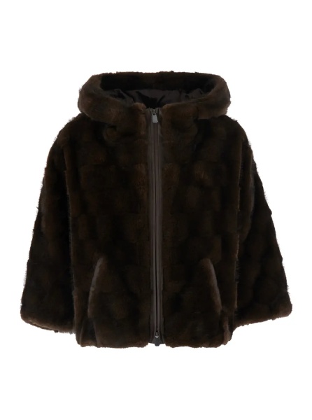 Blanuri Brown shearling jacket with hood and front zip closure in ecofur for women