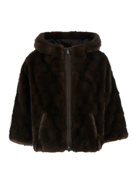 Blanuri Brown shearling jacket with hood and front zip closure in ecofur for women