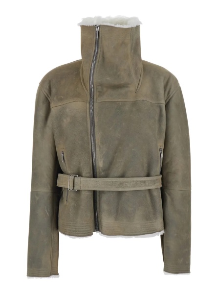 Blanuri Gray High-neck cropped shearling jacket with off-center zip closure and front belt in suede for women