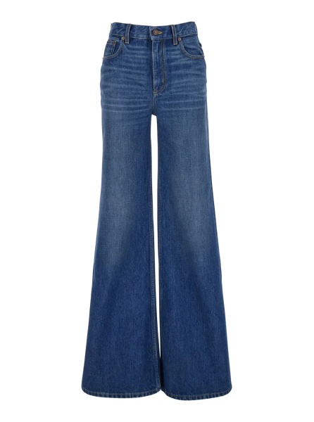 Blugi Blue HIgh Waisted Jeans with Wide Leg and Logo Patch on the Rear in Denim Woman