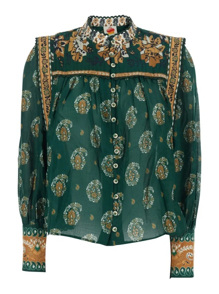 Bluza 'Ayla' Green Blouse with Button Cuffs and All-Over Floral Motif in Cotton for Women