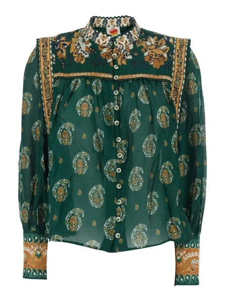 Bluza 'Ayla' Green Blouse with Button Cuffs and All-Over Floral Motif in Cotton for Women
