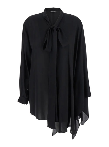 Bluza Black Blouse with Pussybow Collar and Asymmetric Design in Silk Woman