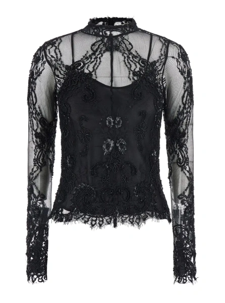 Bluza Blouse with collar and long sleeves in Tech Fabric black women