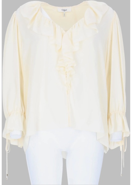 Bluza Top Con Volant E Scollo A V In Crêpe De Chine