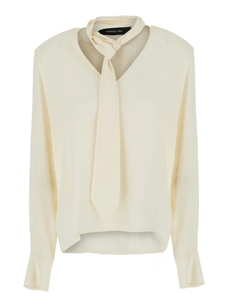Bluza White Blouse with V-neck and tie detail on the front in blend silk for women