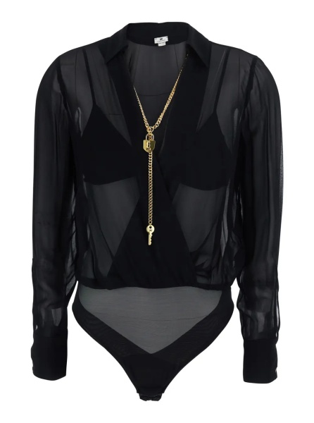 Body-uri Black Bodysuit with deep V-neck and chain detail on the front in viscose for women