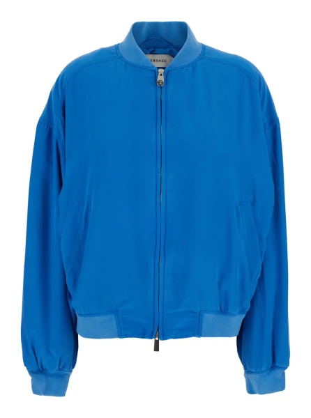 Bomber Blue Bomber Jacket with Ribbed Collar and Logo on the Back in Silk for Men