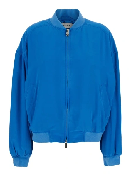 Bomber Blue Bomber Jacket with Ribbed Collar and Logo on the Back in Silk for Men