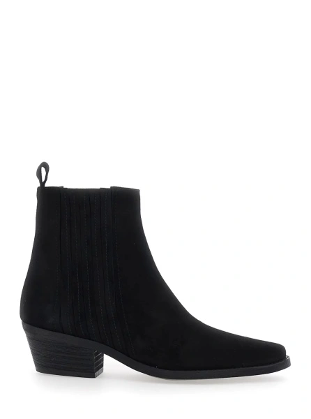 Botine Black Ankle Boots with Low Block Heel in Suede for Women
